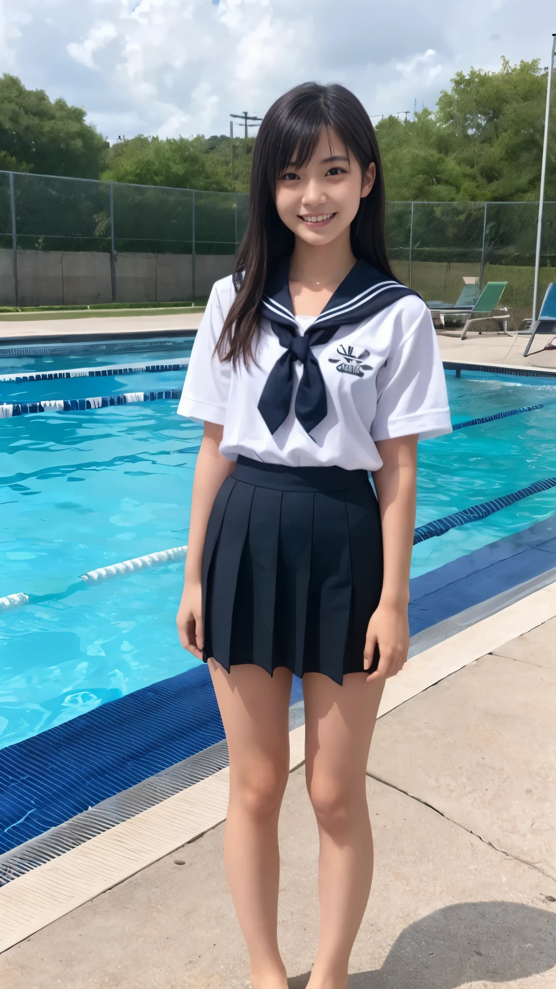 Standing by the pool with no one、Cute black hair、High school girls、Japanese、Makeup and a pretty face like an idol、Smiling、ummer uniform、Full body portrait