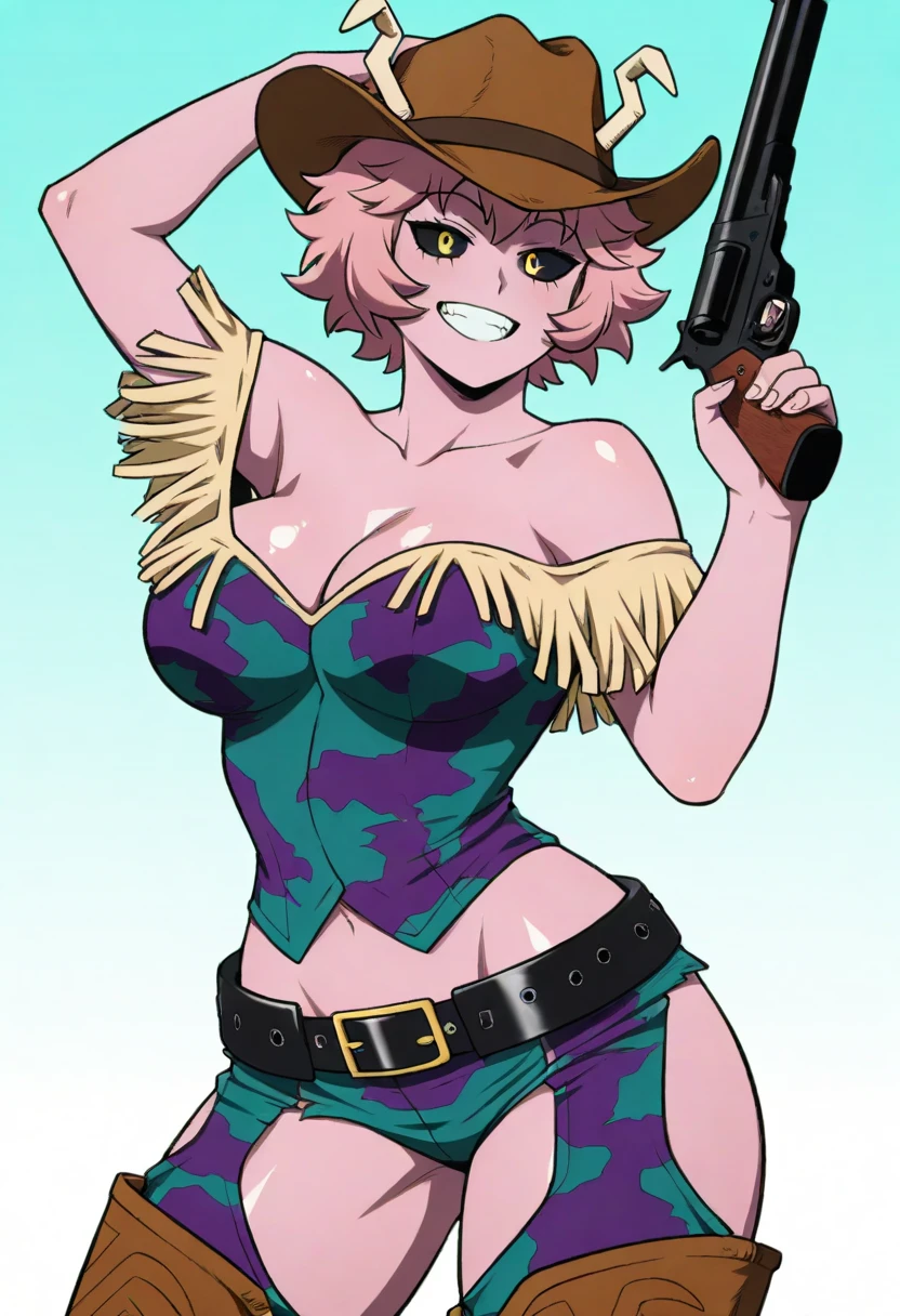 (Best quality:1.3), (4K quality), ((detailed face)),((smile)), ((skinny body)), Green hairs, (beautiful breasts), cleavage, sexy, (((ecchi)) ), Skinny girl, skinny muscular woman, skinny body, perfect body, sexy skinny body, long thin legs, legs spread, SFW, purple eyes, armpit, black and white cow cosplay, black and white clothes, black and white cow clothes
