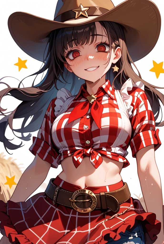 (masterpiece),best quality, expressive eyes, perfect face, 1girl,
big breast, H-cup, good breast, beautiful, gorgeous,anime,girl,lora, floating clothes, tent chest ,
nipple visible though clothes,Saki Kurokoma,
red eyes,
black hair,
short hair,
long ponytail,
black wings,
black horse tail,
brown cowboy hat,
brown boots,
light blue plaid shirt,
light pink shirt,
brown plaid skirt,
light orange skirt,
shoulders,
white bandana tied around neck,hands on waist, hands on hips,crazy smile,yameroyandere,yandere,crazy eyes,dark,glowing eyes,shaded face,empty eyes