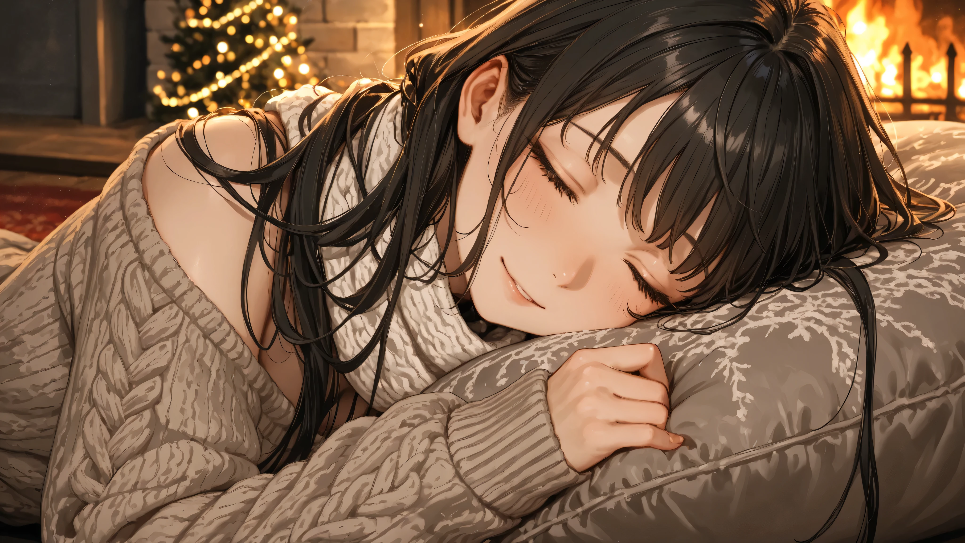 Close-up anime-style scene of a woman resting in front of a fireplace on Christmas Eve. She’s shown from the shoulders up, leaning back into a thick cushion with her eyes closed, a gentle smile on her face. Her long dark hair falls softly over a cozy knit scarf. She wears a relaxed wool sweater in muted tones. In the background, the soft flickering of the fire and the gentle twinkle of fairy lights set a sleepy, comforting mood.