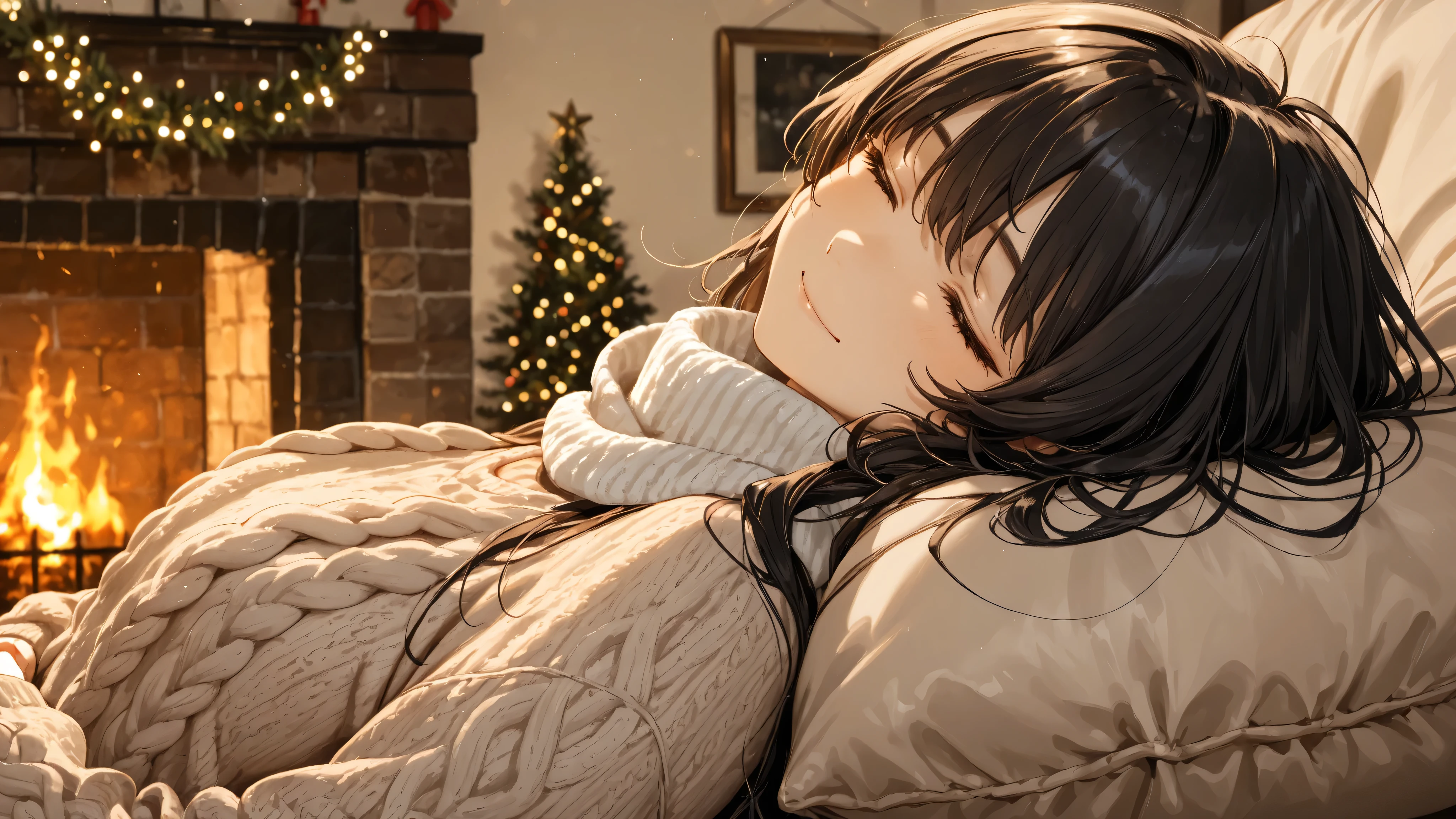 Close-up anime-style scene of a woman resting in front of a fireplace on Christmas Eve. She’s shown from the shoulders up, leaning back into a thick cushion with her eyes closed, a gentle smile on her face. Her long dark hair falls softly over a cozy knit scarf. She wears a relaxed wool sweater in muted tones. In the background, the soft flickering of the fire and the gentle twinkle of fairy lights set a sleepy, comforting mood.