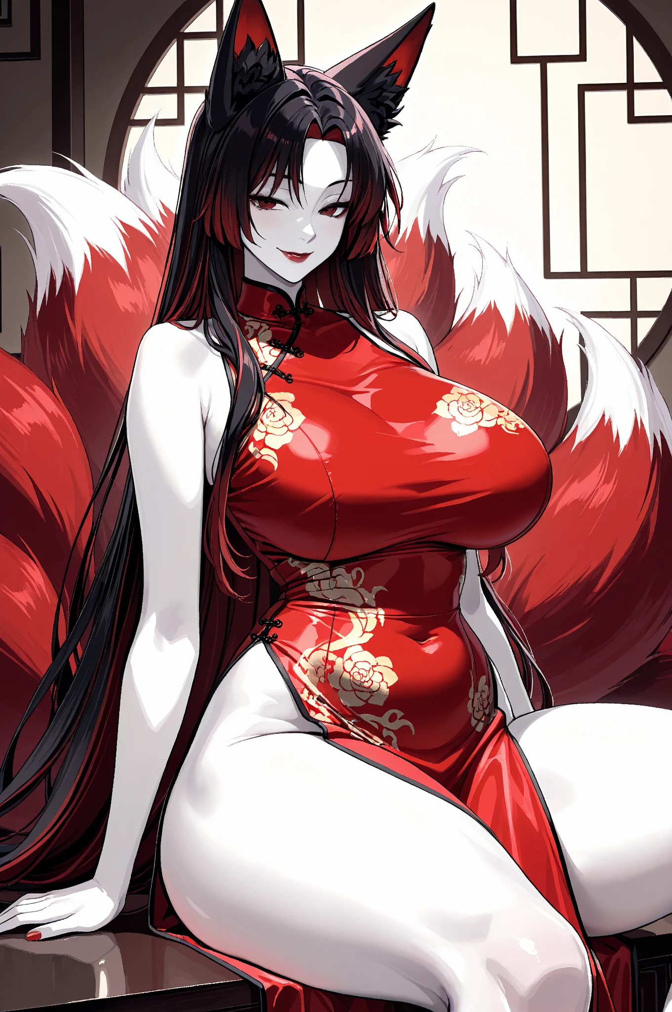 Solo, score_9,score_8_up,score_7_up, acore_6_up, score_5_up, source_furry, kemono style, ahri from league of legends, she’s an Anthro furry white fox girl, anthro furry fox, white furry body, black ears, indoors, wearing red thong, loose kimono, topless, long hair covering breasts, yellow eyes, black animal ears, 6 tails, indoors, sexy pose, indoors in a magical palace, standing, seductive pose