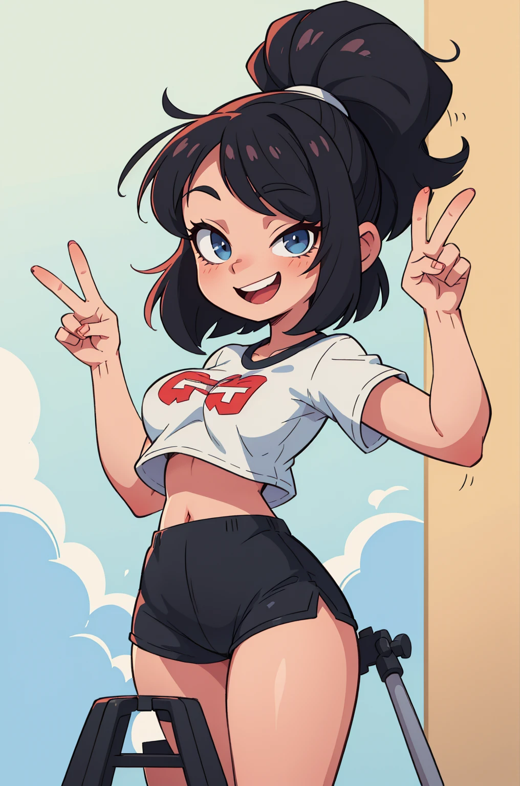(Ultra bright color, Masterpiece, Best quality, blossom, Warm, soft light, modern, Hi-tech), 1 girl, One, in a swimsuit, shows a heart with his hands, (beach background:1.4), full lenght black T-shirt without print, beautiful detailed face, slight smile, (blue) Medium hair, (detailed (blue) Ruby eyes), young, small breasts