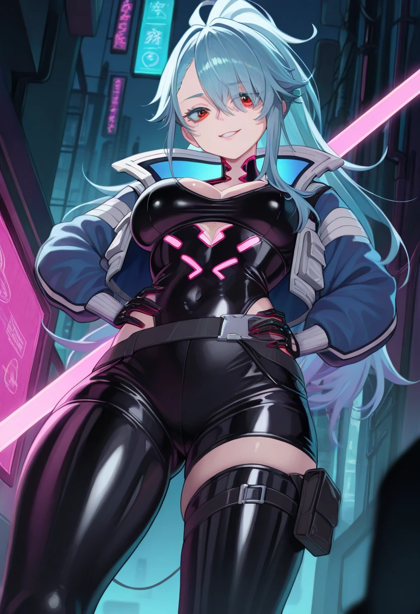 Digital painting of Supergirl with long hair, Cyberpunk art by Joe San Gonzales, Behance contest winner, afrofuturism, synthwave, neon, shiny neon, thick thighs, thin waist, sensual, , small clothes,  art, anime, torn battle uniform, Highly sexualized, sweaty body, , , big , hd, 8K, high quality, detailed, perfect body, Highlight Body, perfect facial details, 背景のdetailed