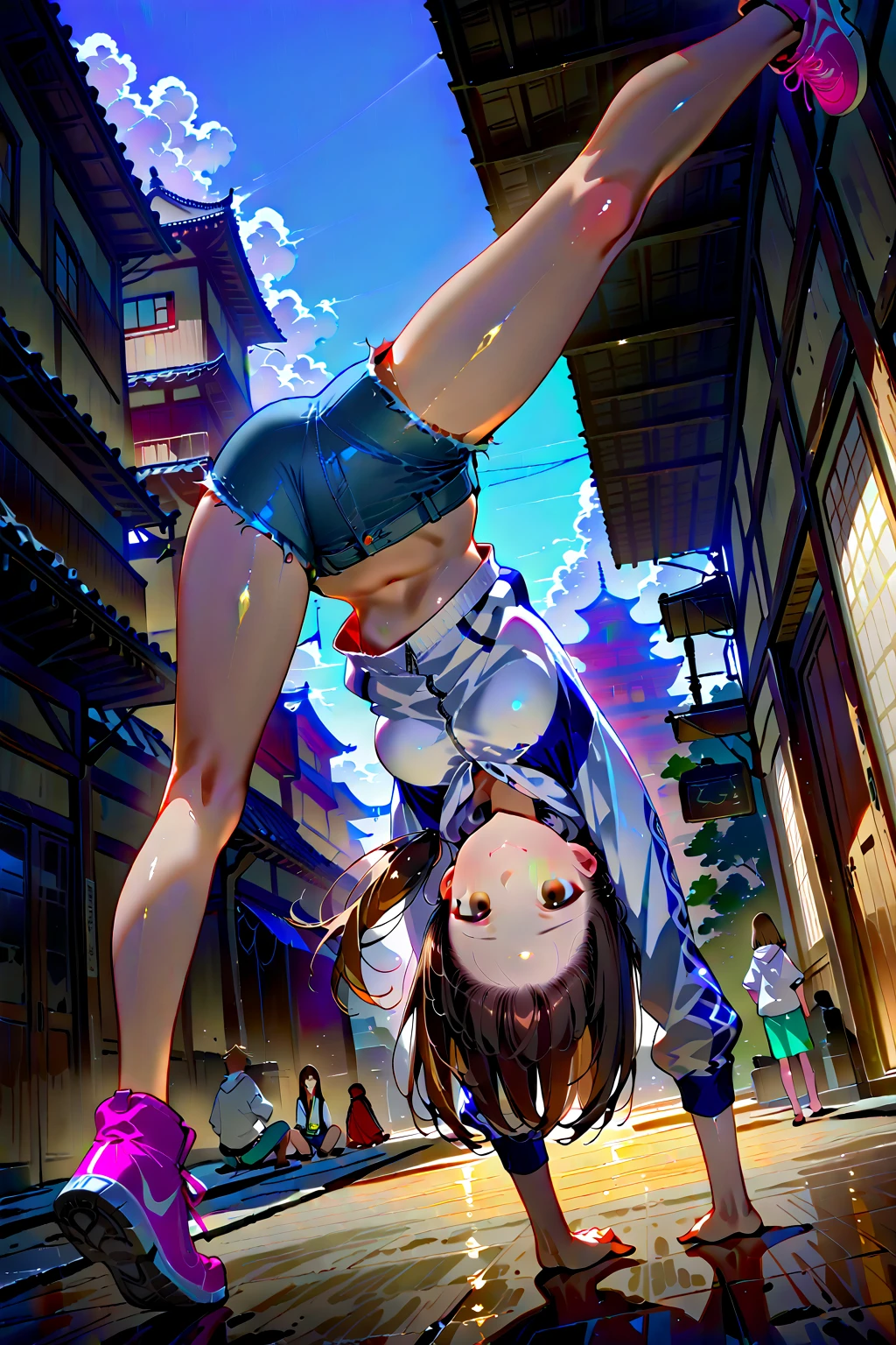 score_9, score_8_up, score_7_up, score_6_up, score_5_up, score_4_up, uncensored, yukinoshita yukino, absurdly long hair, grey eyes, black hair, very long hair, horny face, blush face, lips, naughty face, shiny skin, sweating, steaming body, curvy, voluptuous, heavy breathing, (small breasts:1.3), detailed body, detailed eyes,1girl, ass, ribbon, solo, top-down_bottom-up, detached_sleeves, looking_at_viewer, white_legwear, socks, (grey background:1.3), spotlight,