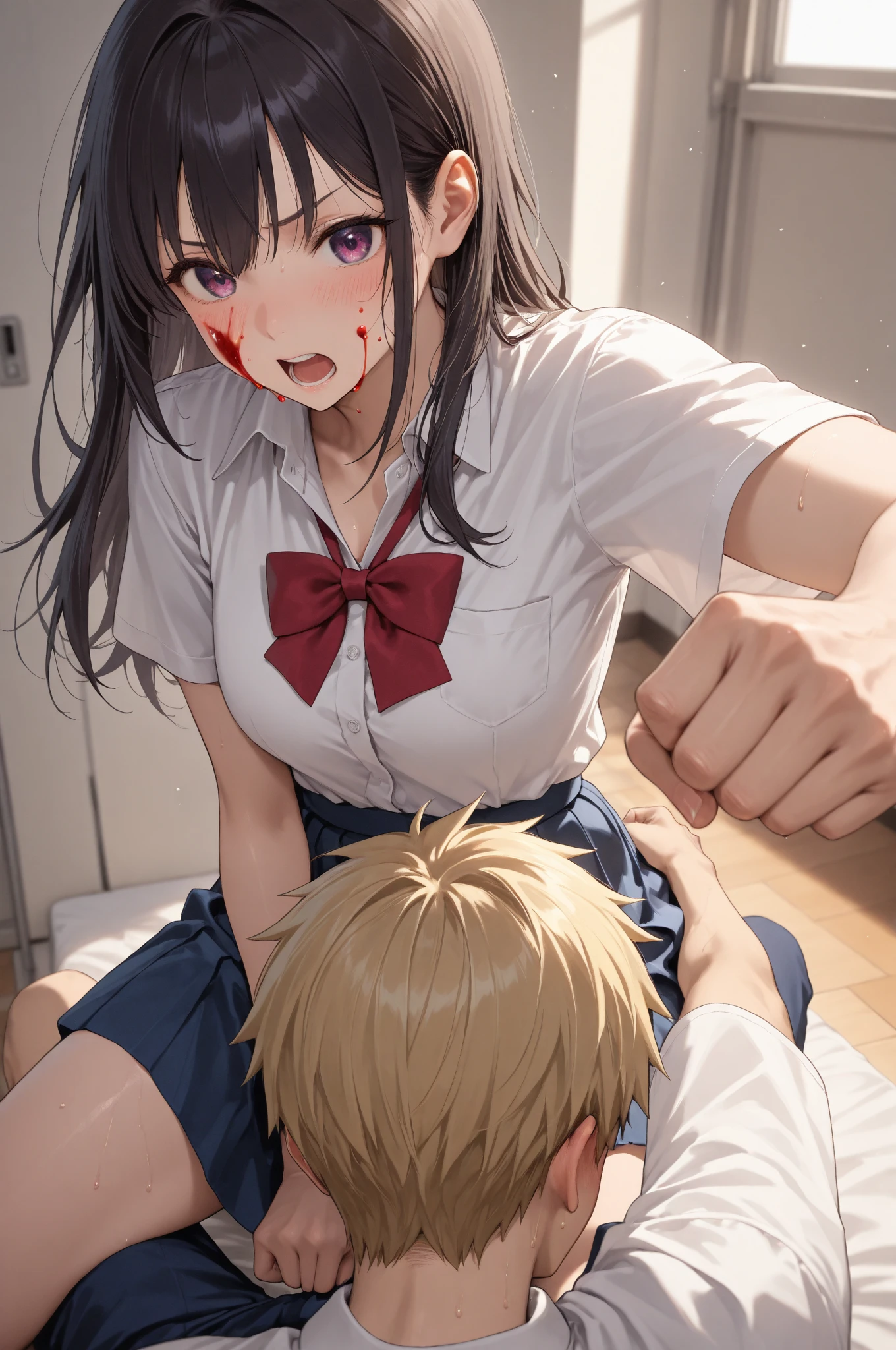 (1 boy, 1 girl), a teenage school girl in mixed bondage wrestling with a teenage boy, they are roughly the same age, the school girl is wearing a red pleaded careered skirt and a black pullover, the girl has a is a bit smaller than the boy, the girl has shoulder long hair, the boy is wearing casual clothes, teenage boy hogtied and struggling against the ropes, school girl applying more ropes to the teenage boys body, blushing boy dominated and controlled by the girl, the girl is smiling and laughing and tries to humiliate the teenage boy, the teenage boy is blushing and ashamed and is gritting his teeth, he desperately tries to break free but to no avail, the girl is sitting on top of the teenage boy to prevent him from moving and has ropes in her hands and uses them to tie up the arms of the teenage boy behind his back,the arms of the teenage boy are completely tied behind his back in lots of ropes, the teenage boy looks very embarrased and ashamed, the girl is saying „this must be embarrassing for you“ , huge struggle, many viewers watching, wrestling ring,intricate rope work, teenage boy blushing and ashamed, dramatic lighting, highly detailed, photorealistic, 8k, masterpiece, teenage school girl vs teenage school boy, femdom, power, control, beautiful teenage girl, detailed faces, teenage boy aggresively tied up by teenage girl, lots of rope, perfect eyes, detailed faces
