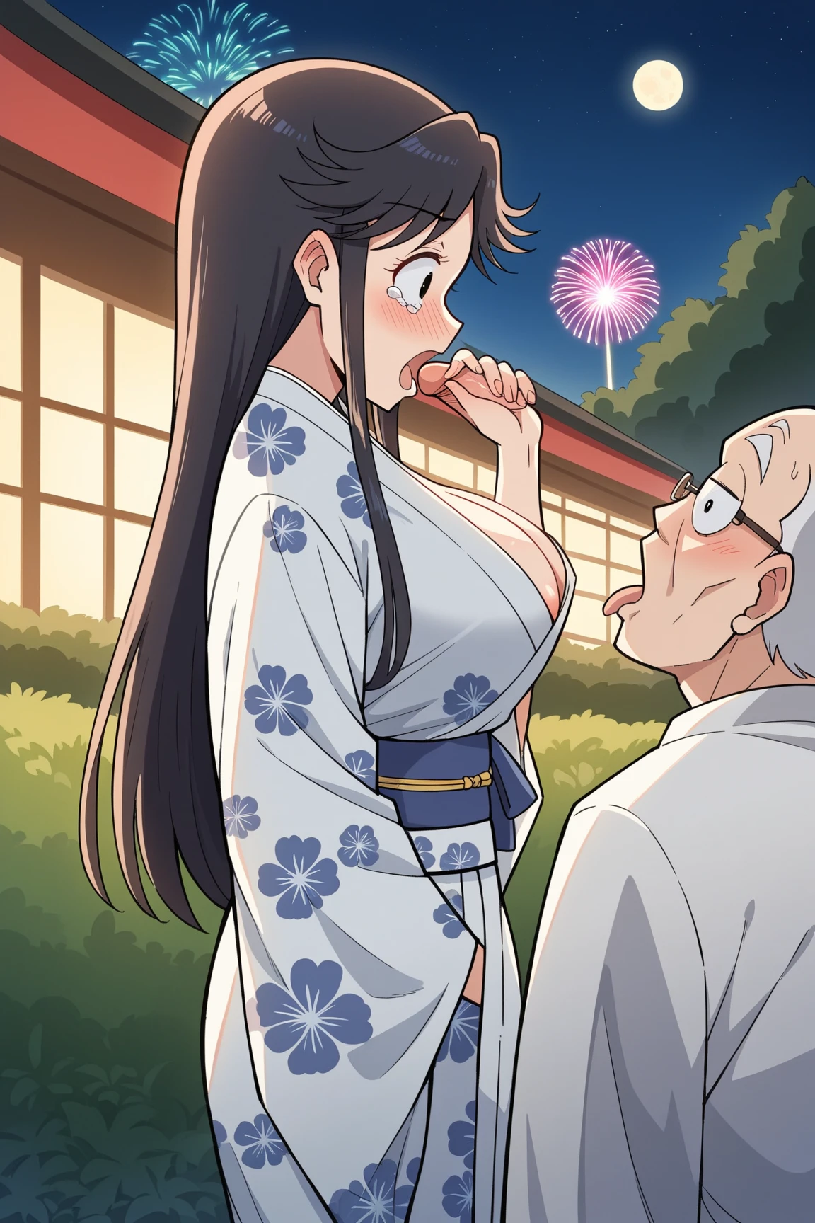 A beautiful 15-year-old pregnant princess from the Sengoku period with long black hair　Gorgeous embroidery, Ultra glossy, She is wearing a shiny red long-sleeved floral layered kimono.... Red kimono jacket　She is forced to embrace an old man in front of her lover.　Intense foreplay　Fluid spurting from her nipples　The old man licks her breasts