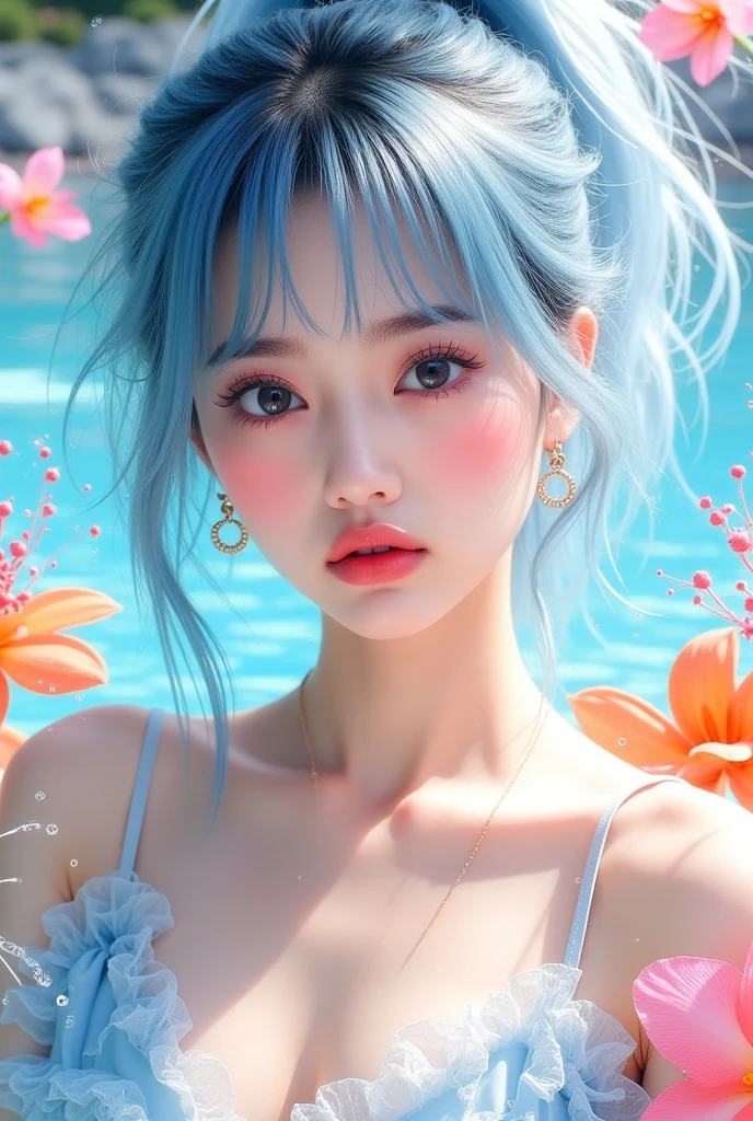 (Masterpiece), (best quality), (Very detailed),(messy hair),(illustration), (1 girl), (fashion clothes), stand, fashion model, look at viewer, (interview), (พื้นหลังที่smoothง่าย),Beautifully detailed eyes, delicate beautiful face, floating,(high saturation),(colorful splashes),colorful bubbles,(shine), Focus on the face,  ponytail, Kamisato Ayaka, light blue hair, smooth, hair ring, floating flowers, Floating feathers, (shine), best light, best shadow,