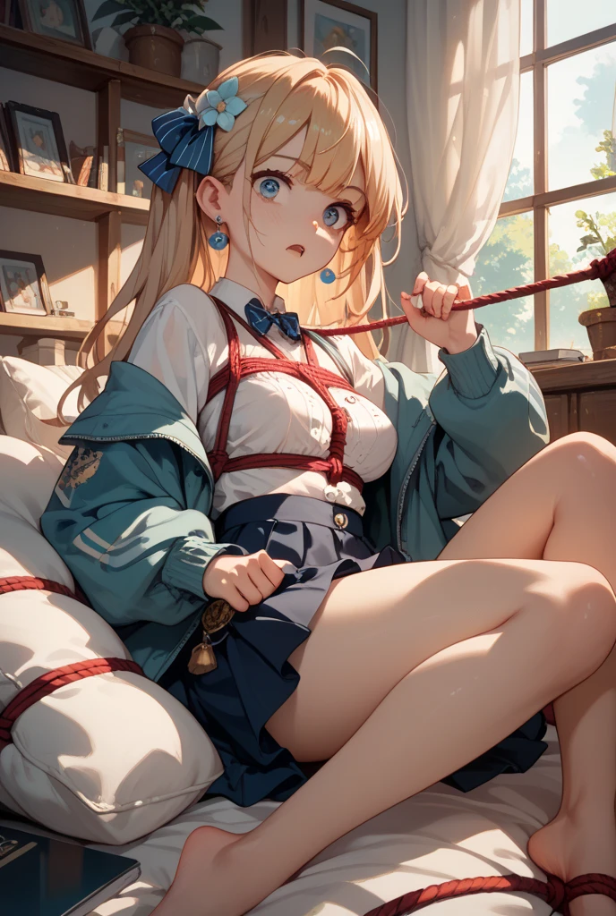 piperBS, 1girl, blonde hair, hair bun, blue dress, puffy sleeves, short sleeves, pink gloves, fingerless gloves, pink belt, shoes, blue footwear, cute and blushing 18 years old anime girl, look away because she is embarrassed and blushes, bright blue eyes, detailed face, detailed members, detailed arms, detailed hands, Girl lying, tied by ropes, shackled, can no longer move, tied tightly, very hard tied up with lots of ropes, hampered by so many ropes that she can no longer move, bound hands and feet, ropes tie his whole body, tied extremely tightly and forcefully to her bed by a lot of ropes, its limbs are strongly tied together by ropes, his torso is tied up with thick cords, her chest is so tied up with ropes that it sticks out, her legs are tied tightly with thick ropes, his hands are tied behind his back with ropes, she can no longer move her feet, her hands which are tied by thick ropes, she desperately tries to free herself, likes to be tied tight with big ropes, likes to be immobilized by big ropes, lying down, his hands and feet are strongly tied to the railing of his bed, his legs are pressed together and tied with ropes, its limbs are held vigorously by imposing ropes, her hands are tied securely behind her back by ropes, her chest is compressed by strong ropes, she is pressed against her bed and restrained by large ropes, (shibari, arms behind the back:1.4), (hands on the back), (masterpiece, best quality) 1.5, 1girl, solo, (sexy, beautiful woman, perfect face, perfect eyes, perfect hands), samus aran, (hands on the back), Spread the legs, s' ((lie in bed by big ropes)), ((close up of the girl)), ((((lie in bed)))), ((((arms tied behind the back, Legs Tied,La fille est allongée sur le ventre, La fille est allongée sur le sol:1.5)))), ((((girl seen from behind:1.4)))), ((((girl lying down on her stomach:1.4)))), ((((Outstretched arms:1.5)))), ((((Detailed hands:1.5))))