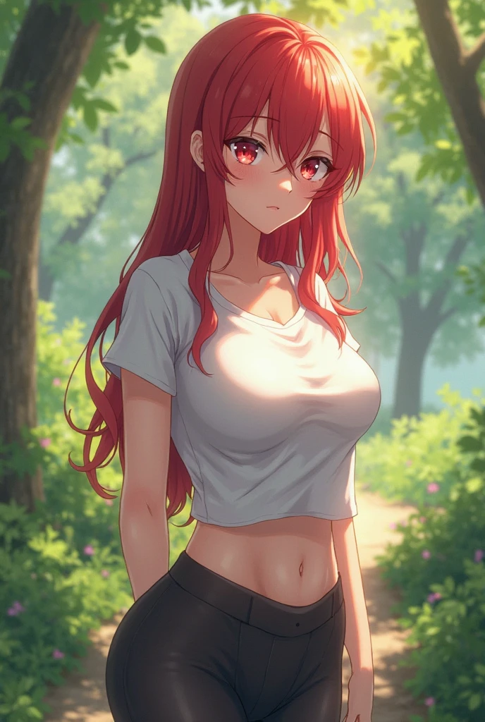 ((masterpiece, highest quality:1.3)),cowboy shot,25 year old beauty,solo,((very small head)),red hair,ponytail hair,long hair,red eyes,blunt,skinny,medium breasts,((long body)),slender body,skinny,shiny skin,oily skin,blush,A strong smile、Tight black t-shirt、Crop length、navel、Short sleeve、Brown Leather Gauntlets、Pleated red mini skirt、white_thighhighs、forest、Sunlight filtering through the trees、