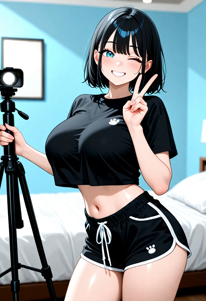 anime style, super fine illustration, highly detailed, dynamic angle, beautiful detailed, 8k, On a summer afternoon, in a photography studio, BREAK a female model is posing in front of the camera. She is wearing a white T-shirt with a graffiti art-style cat illustration.