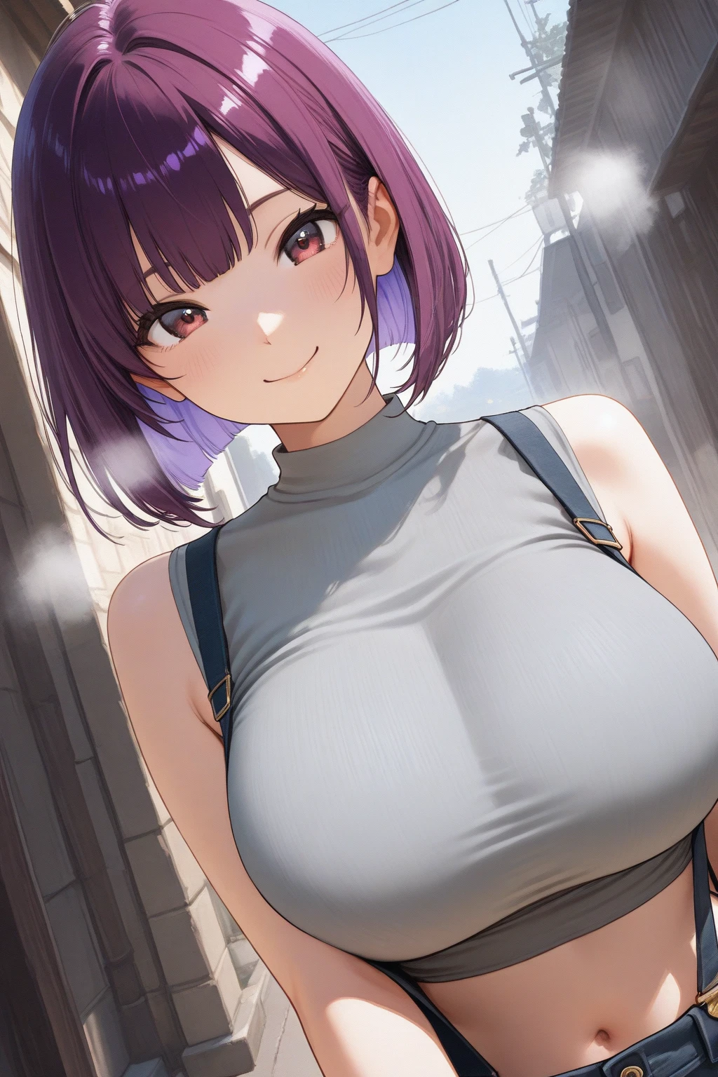 best quality, masterpiece, (leaning over:1.4),
1girl, yuzuriha_(jigokuraku), purple hair, brown eyes, ninja, open clothes, cleavage, small breasts, topknot, medium hair, breasts apart, seductive smile, pants, undressing, (blush:1.1), japanese exterior, temple,