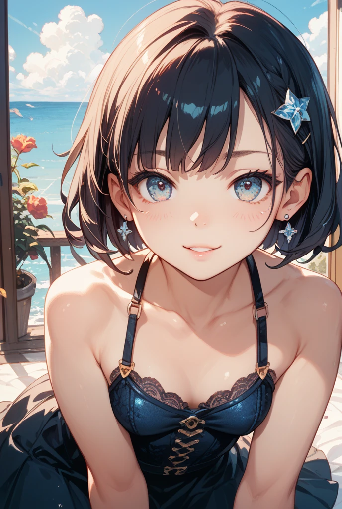 Highest quality, Detailed face, Detailed eyes, High resolution, One girl, Middle chest, smile, Simple Dress, (Charm, Puffy eyes:1.2), Excellent anatomy, View your viewers, Soft Focus, Golden Hour Lighting, Depth of written boundary, Happy expression, Short Hair, barefoot