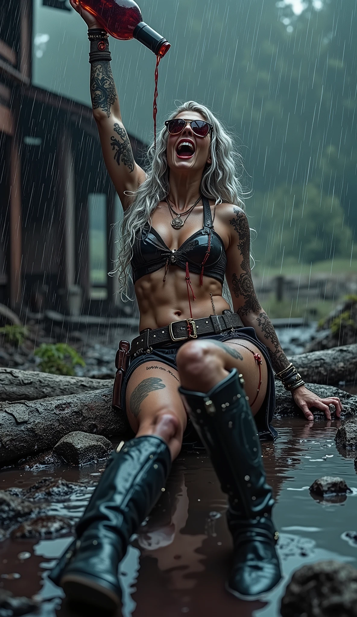 (Sexy Cowboy), American TV show Yellowstone Prequel 1883, Beth Dutton, the eldest daughter of the Dutton family in the 1900's, (wearing sunglasses and a big cowboy hat in a rainstorm), (laughing crazily and holding a huge bottle of brandy high up in the rainstorm lying in a pool of wine: 1.7), (covered in sexy tattoos), with the liquid from the wine dripping down her body, and two of her beautiful long legs. (She's wearing a cowboy style three-point top costume and Martin boots). Her extra long silver curls framing her face, sunglasses, red lips, shotgun, Beth was known as the “Mad Batch Beauty”, she was cold and ruthless, but highly charismatic, and was the hottest legend in the West, Old Movie Clip “The Sexiest Woman in the West”
Setting: yellowstone, USA in a rainstorm, vintage, made old, picture movie.
