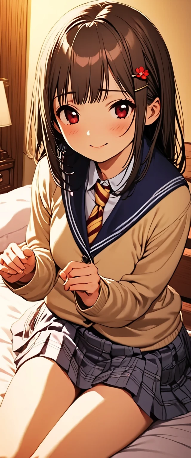 masterpiece, high quality ,dynamic angle, cowboy shot, 9yo, 1girl, child, solo, Hermione Granger, school uniform, school skirt, looking away from viewer, partially spread legs, white panties with a yellow pee stained crotch:1.5, unaware her panties are showing, highly detailed beautiful face and eyes, beautiful skin, perfect anatomy smile, bed room, shiny sun lighting