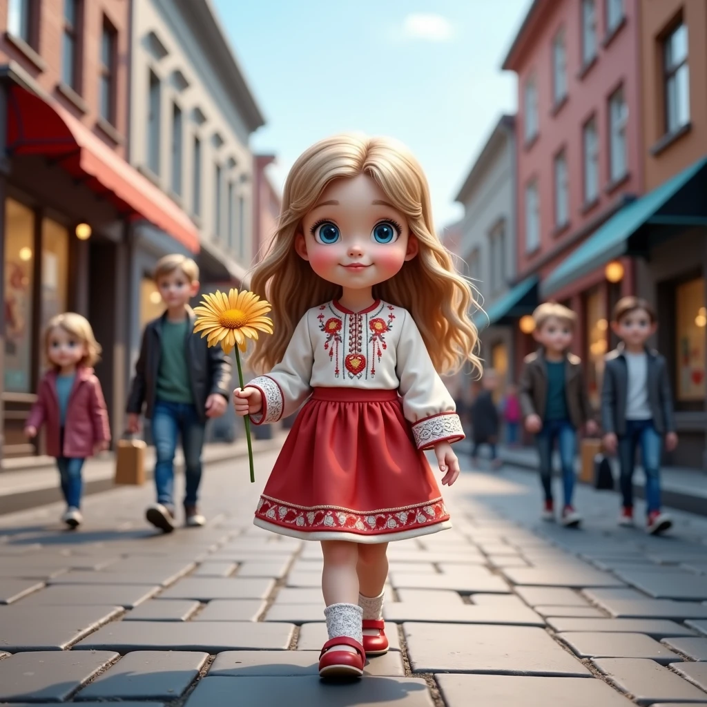 Create me an image of a story that shows country people celebrating a party grateful for love and that a 12-year-old blonde superhero girl enters with a pink dress and a small golden heart on her chest, with blue cape with small white hearts.
