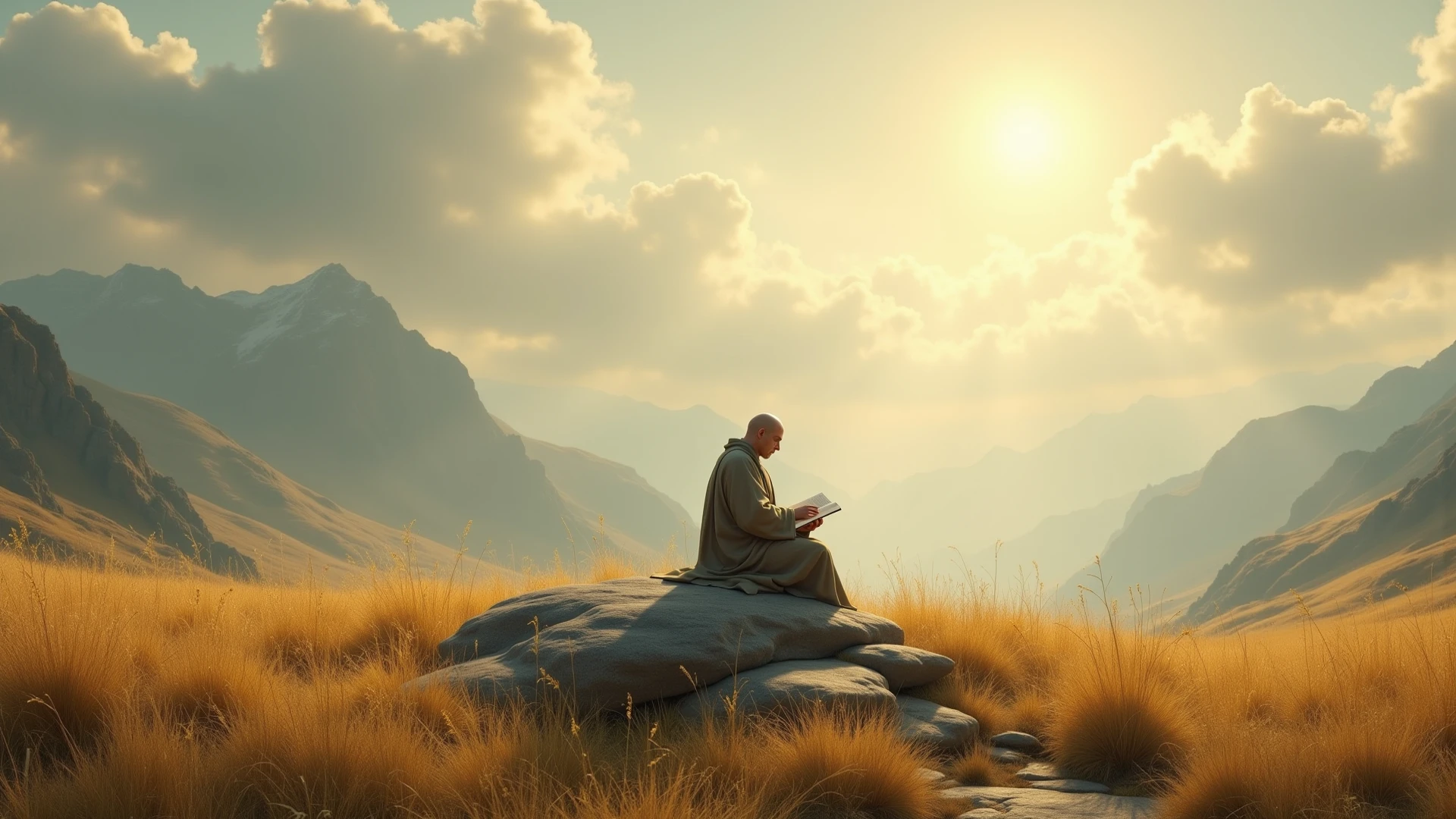 Bald seeker, meditating, under a tree, on a high mountain, behind are mountains big and small as far as the eye can see, calm, heal the mind.