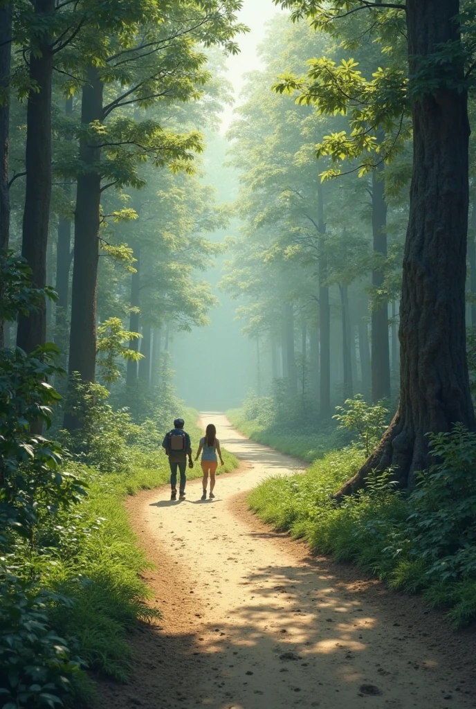 A father leads his little girl on a forest path with the setting sun in the background, lined with green meadows and animals, diffusing light and warm atmosphere
