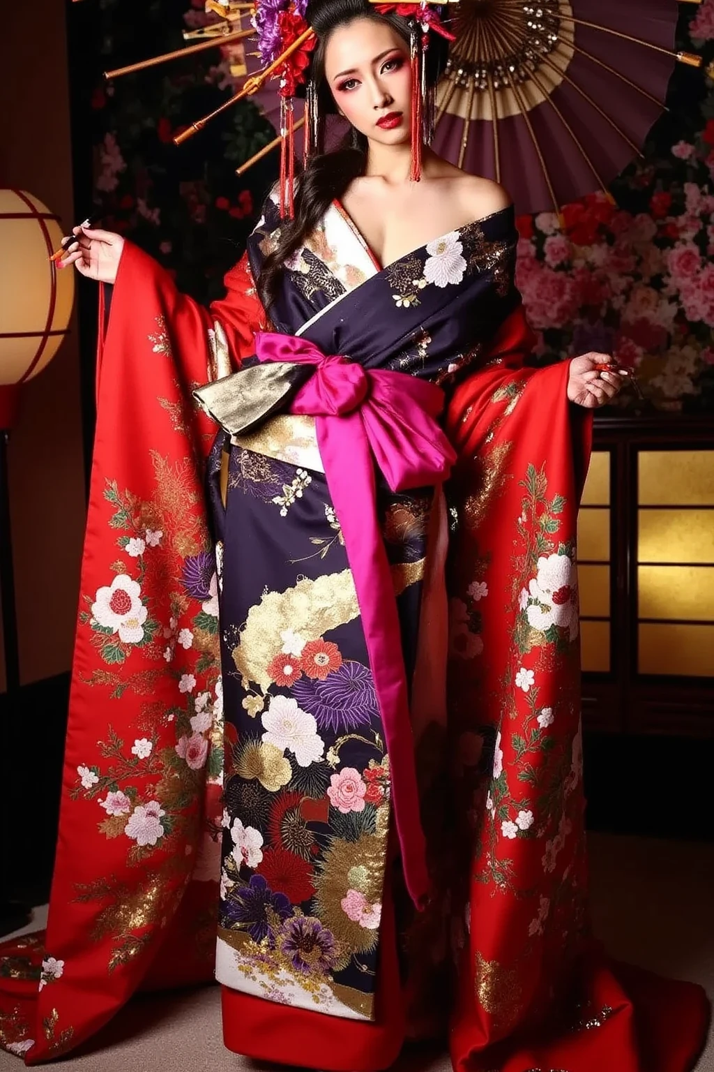 ((masterpiece(:1.4),Highest quality,Ultra-high resolution,Highest quality,8k,Extremely detailed,In detail))。night,Japanese,(A beautiful woman),glossy,slim,Large Breasts(1.6),sexy,glamorous,Golden Ratio Style,Perfect Style,White powder applied to face and neck,Flashy gal makeup,Red light district,Bedroom,Oiran,Prostitute,Sunny day outfit,Uchikake,Gold brocade,((A gorgeous kimono)),A cutting board belt tied in front,Hair tying,hairpin,hair ornaments,Gorgeous costumes,Beautiful standing posture,Presence,Exude sex appeal,looking at the camera,