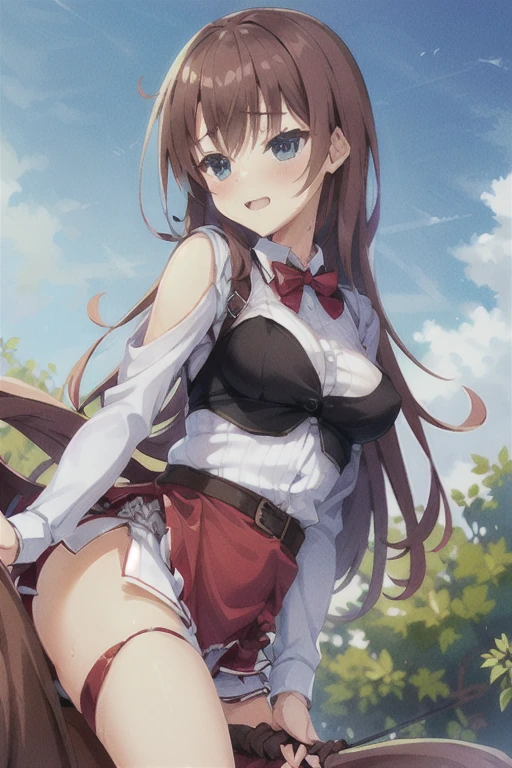 yuuki asuna, kizukiai, brown hair, brown eyes, medium breasts, long hair, Asuna, 1girl, blush, masterpiece, best quality, ultra-detailed, ray tracing, perfect lighting, hot, sexy, sexy body, nsfw, showing her boobs, open legs, no panties, perfect anatomy, detailed image, natural skin texture, sexy body, perfect pussy, open pussy, thinner waist, wide hips, thick thighs, delicate eyes, detailed eyes, better lighting, blue sky, clouds, in a river.