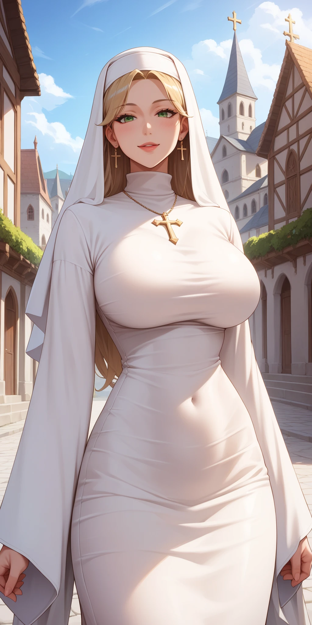 (masterpiece, top quality, best quality, official art, beautiful and aesthetic:1.2), (1girl:1.3), light freckles, fair skin, extremely detailed, portrait, looking at viewer, solo, (full body:0.6), detailed background, close up, (warm grasslands theme:1.1), holy paladin knight, charlatan, smirk, mysterious, swaying in mountains, skimpy attire, ornate white and gold armor, cowl, nun hood, wimple, cowl, breastplate, tabard, gorget, hood, pauldrons, greaves, armored, long boots, longsword, shield, cape, cloak, white fabric, pale leather, ((gigantic breasts)), slim waist, slim hips, long legs, medieval (mountain exterior:1.1) background, dark mysterious lighting, shadows, magical atmosphere, dutch angle, (((balsamique)))