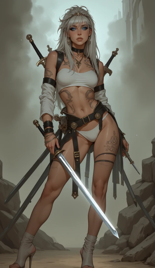 A sexy beautiful ninja standing on a rock，full bodyesbian，long whitr hair，hair messy，medium boob，There is blood and wounds in the abdomen