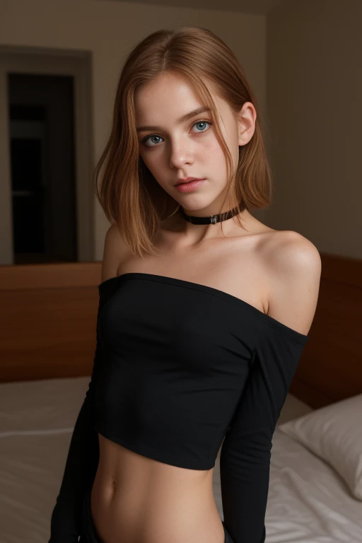 skinny, very young girl naked lying on a bed spread legs , ass, mini skirt, blue eyes,, collar,