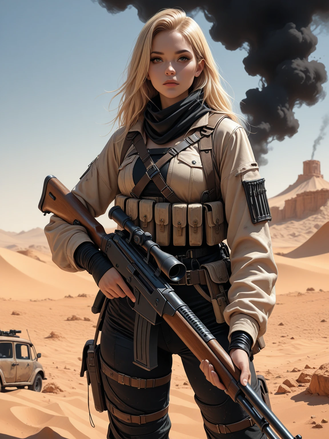 Gere uma imagem da personagem Mara, also known as 'Mara Death Dealer', do jogo Call of Duty: Guerra moderna: corpo inteiro, fisionomia cruel, ((nua)) brincos grande, colar pulseira, rings, gold watch, na praia, sol poente, palmeiras, corpo escultural, flowing hair, ((metralhadoras, pistolas, fuzil AK-47, Granadas, gold accessories)) standing on a ((tanque de guerra Russo T-14 Armata))
