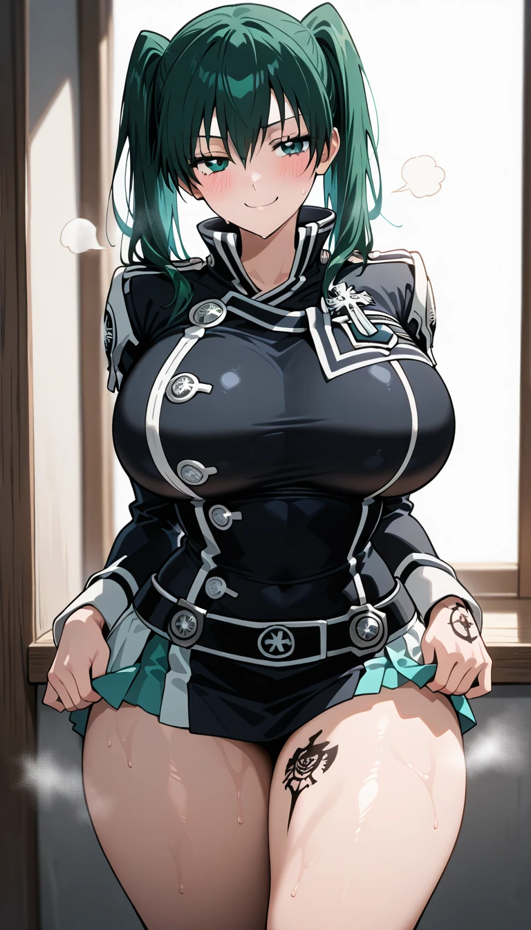 (masterpiece, Highest quality, Highly detailed Unity 8k wallpaper, Exquisite character design, beautiful huge chest, Very much more on the face, Very good anatomy), Asagi, One person, chest, alone, smile, Abdominal muscles, Toned Up, View your viewers, Hands on hips, blush, huge chest, Blue Hair, Long Hair, bangs, Hair between the eyes, Green Eyes, (Nurse uniform:1), Skin-tight clothing,