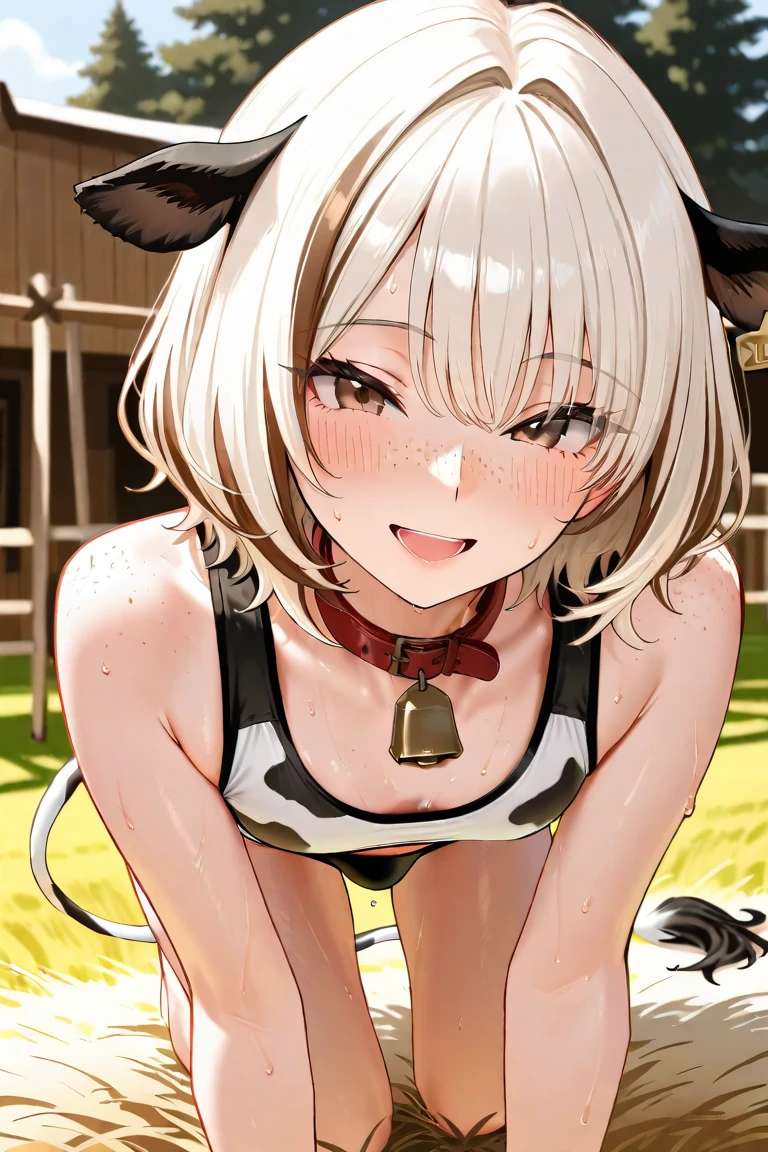 illyasviel von einzbern, 1girl, solo, long hair, breasts, looking at viewer, blush, bangs, red eyes, navel, animal ears, hair between eyes, bare shoulders, closed mouth, collarbone, swimsuit, white hair, bikini, thighs, small breasts, outdoors, horns, sky, day, collar, blue sky, , bell, fake animal ears, animal print, neck bell, cow print, cow ears, cow horns, ear tag