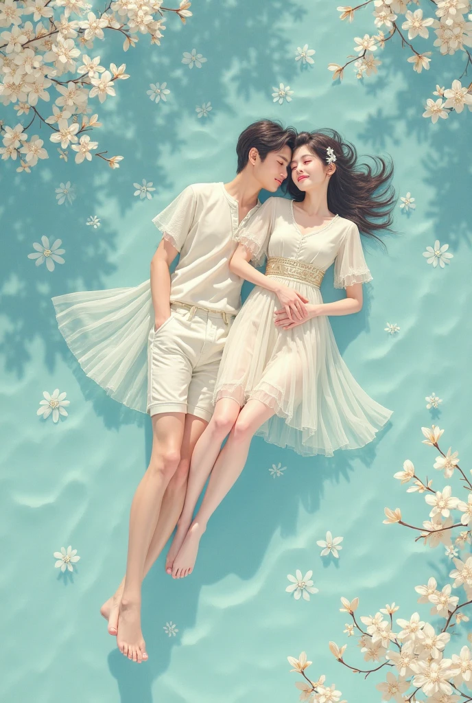 Girl wearing white dress,The white light emanating from her body entangled the boy,They face to face,Expression of joy,It's a couple。East Asians,In the blue sea,There are corals around them. They are 28 years old and in their prime.