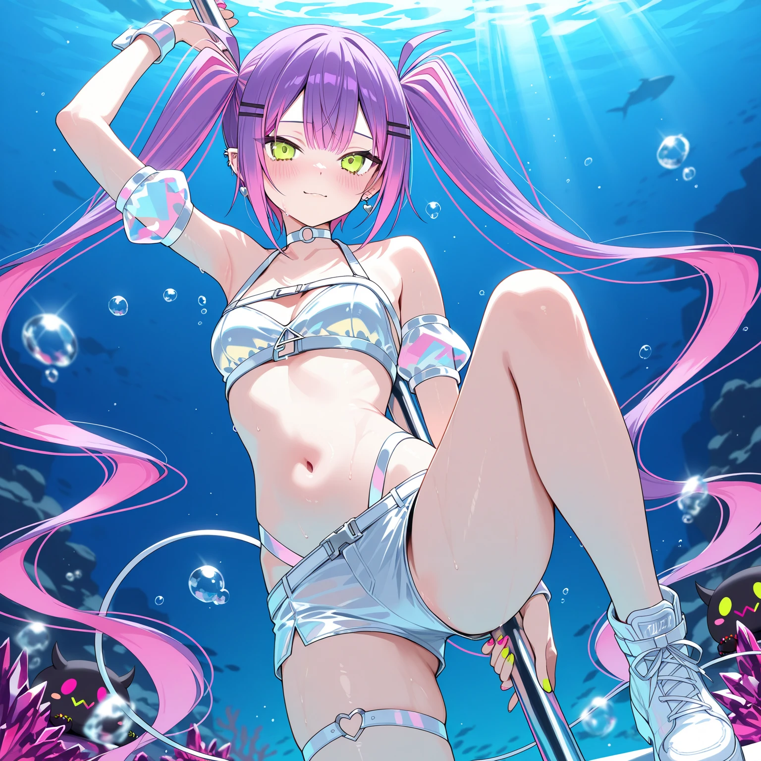 Woman 22 years in a pool coming out of the water, with beautiful face and no part of the bikini, the water should be transparent and the color of the skin pink
