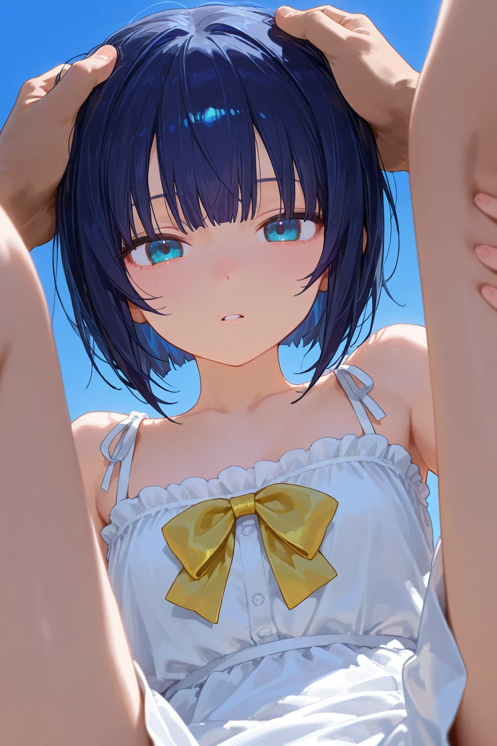 (masterpiece、top quality:1.2)、Anatomically correct、(one girl:1.4)、blushing、(flat chest:1.3)、10 year old girl、(black hair、short hair:1.5)、Confused look、A Real Stick、(White skin)、Bare your shoulders、(upper body close up:1.5)、naked、Without clothing, full length