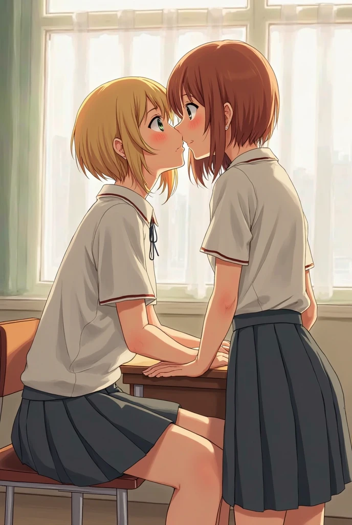 Two cute anime femboys kissing and touching in the classroom full body white high thighs wearing adult baby diapers and a school uniform skirt