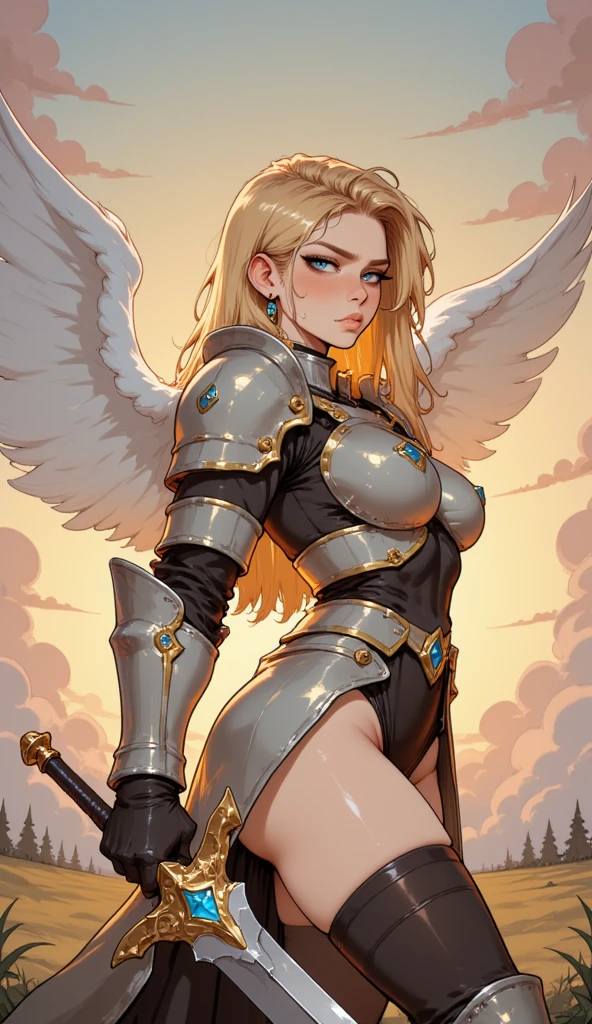 cutesexyrobutts style, 1girl, long_hair, solo, closed_eyes, breasts, wings, angel_wings, dress, head_wings, very_long_hair, armor, large_breasts, cleavage, cloud, angel, hair_over_one_eye, shoulder_armor, low-tied_long_hair