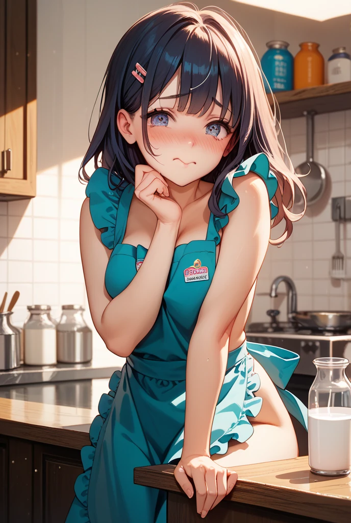 Highest Resolution,Highest quality,A crying beautiful girl in a nude apron drinking water from a plastic bottle,kitchen,Tears,Open your mouth and drool,whole body,front,Sweat profusely,Beautiful eyes,Lots of saliva,Black hair ponytail,