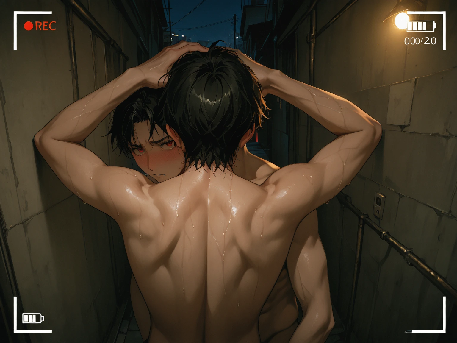 (best quality,ultra-detailed,realistic:1.37),musclaur badass girl with sculpted body with preview her musclaur body and back,full review of the female character face and body, intense expression,studio lighting, vivid colors, physiologically-based rendering, grungy texture, rugged background, dust particles in the air, commanding presence,professional,powerful, gritty aesthetics,Valmet،short hair،tattoos on shoulders,Shining muscles,with her muscles and back muscles,bathroom,eyepatch,from behind,wet,white skin,fixing graphics,fixing character body,take a shower,bathroom,naked,water dropped on her body from above،:in a shower,Shining muscles,Dew drops on shoulders,