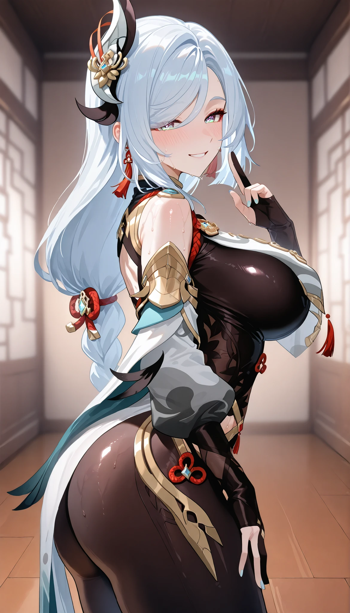 score_9,score_8_up,score_7_up,1girl, solo,blue eyes, white hair, braided ponytail, large_breasts, vision_\(genshin_impact\), tassel earrings, absurdres, highres, (Black_Tights),breast curtain, chinese knot, clothing cutout, puffy long sleeves,White hem,partially fingerless gloves, Shenhe_\(genshin_impact\), looking_at_viewer,Standing on the floor,(In Chinese Classic bedroom),Torogao,(seductive smile),blush,Shiny Skin,Sweaty Skin,(From Side),((look at the view))