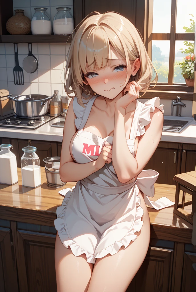 (anime style),masterpiece, best quality, extremely detailed,16Year old,tanned skin,dark skin, Beautiful body,glamour breasts,BREAK,multicolored colorful blonde hair,short hair,hair slicked back,BREAK,black eyes,wedding ring,shy smile,open mouth,half closed eye,detailed lips,open legs,BREAK,cotton black big ribbon,BREAK,yellow a sweater with vertical stripes,kitchen apron,striped_bikini,off shoulder,navel,break,head tilt,in the kitchen,have a vegetables,put one knee on the desk