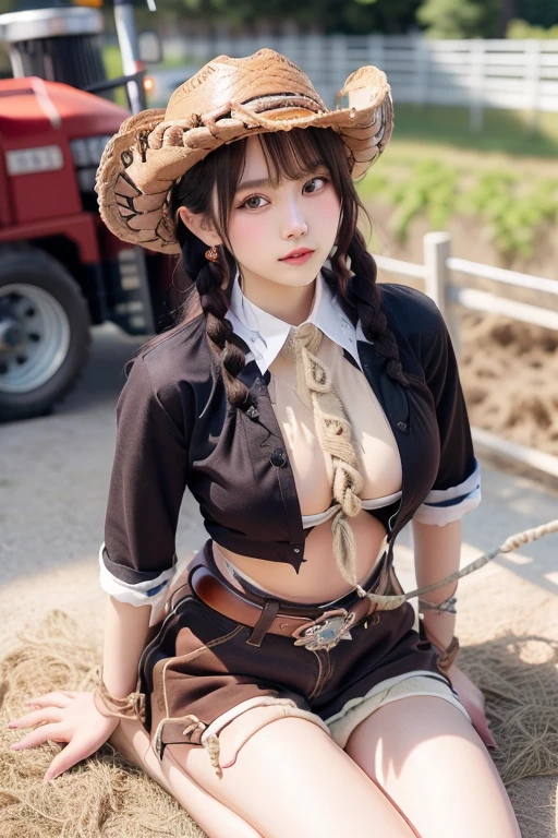 Masterpiece, 4k, bokeh, Beautiful high school girl, Wizard Riding a broom, (Cow print cloak:1.4), (Cow pattern wizard hat:1.4), (calling for a large number of cows:1.4), Blushed face, Looking at the viewer, sunset coast,