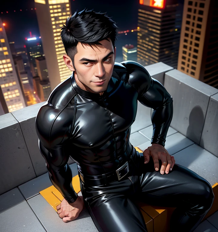 40 years old,One Man,、Handsome、Black bodysuit、Shocker Belt、tall、logic肉質、Rain road logic,Gay ,Very short hair。He was hit by a car and fell to the ground、The crotch area of the pants is bulging、die