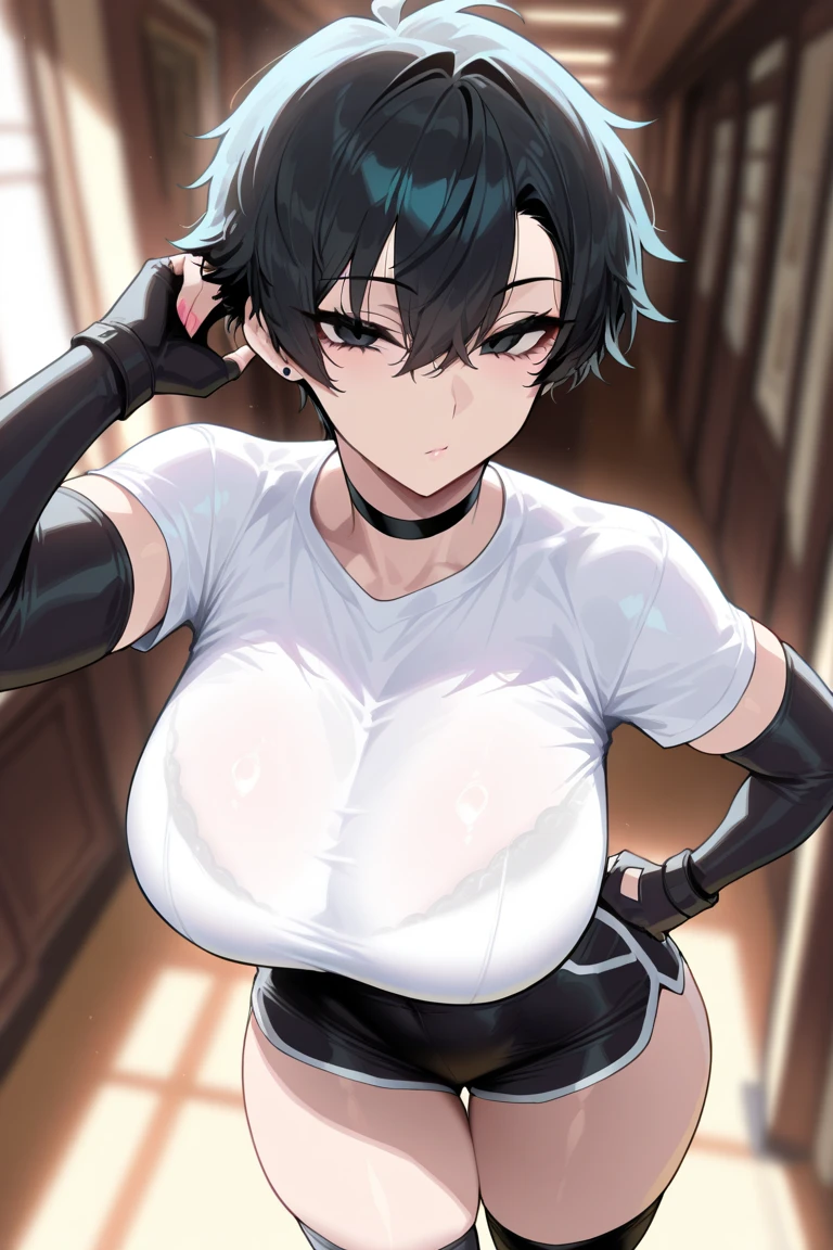 ((Best Quality)), ((Masterpiece)), (Detailed), Girl with short black hair, with straight bangs, yellow eyes, the pupils of his eyes look at your violence, tall and slender, very beautiful and feminine features, wearing shorts with long black stockings, short hair, nice breasts, with a too short miniskirt, with a scared expression, she feels alone, just woke up
