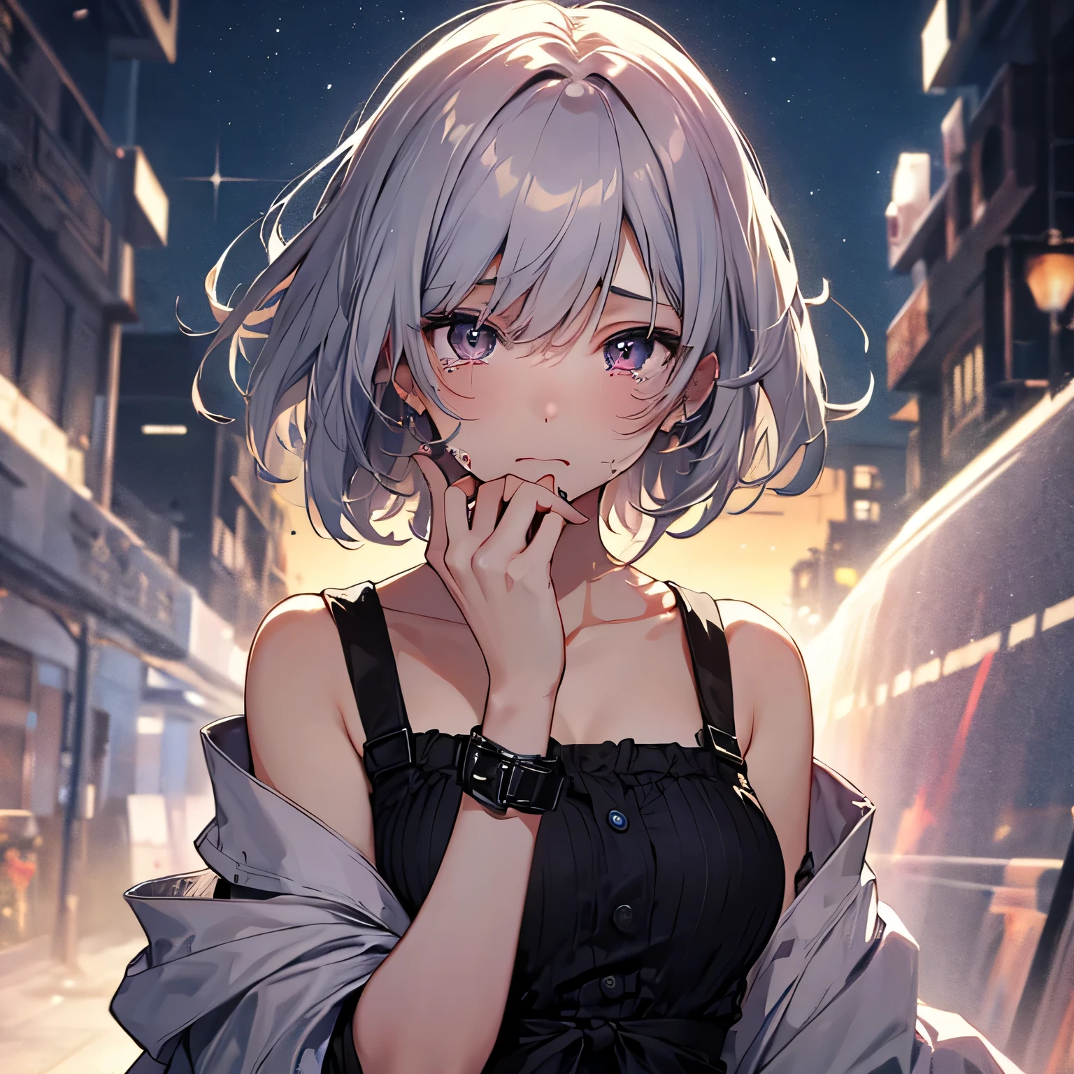 an illustrated illustration of an anime style character walking on city streets holding a purse, 1girl, breasts, hair over one eye, solo, jacket, navel, purple eyes, short hair, choker, hat, cleavage, black jacket, black headwear, white hair, looking at viewer, open clothes, open jacket, black choker, off shoulder, midriff, belt