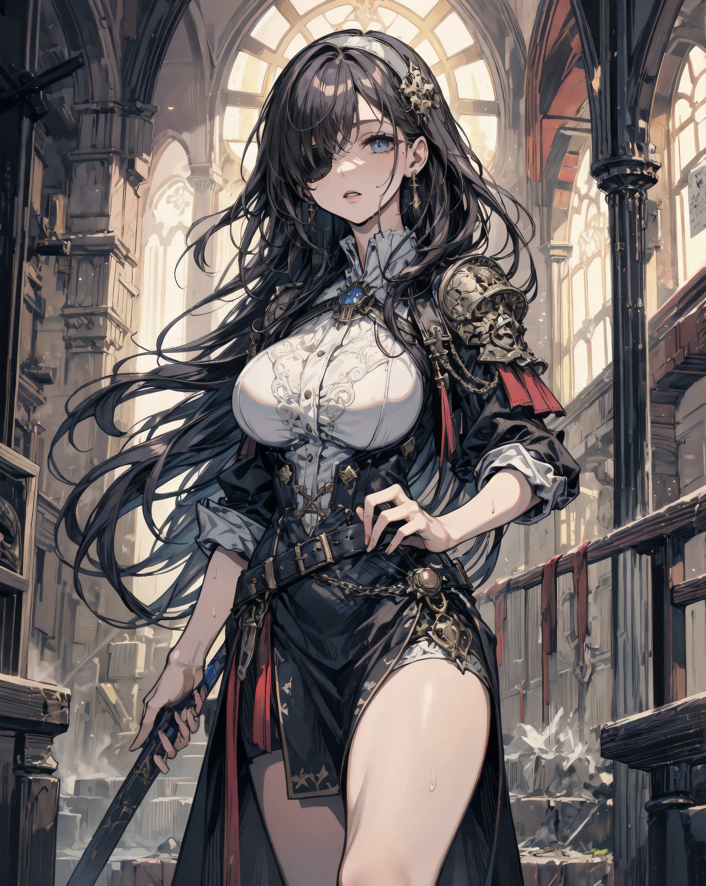 dynamic pose, extremely detailed, illustrated, 1girl, standing, older_woman, milf, long dress with intricate details and see through parts, lace, straps, necklace, gold, silver details, metals, metallic details, bangle, several bracelets, earrings, hair ornament, huge_breasts, long black hair,stockings, <lora:adventurers_v1:1>, (intricate details, extremely detailed, beautiful, masterpiece, 8k, absurdres, high res, bloom)