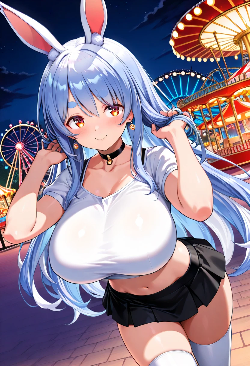 1girl, solo, long hair, blue hair, red eyes, twintails, hair ornament,11years old, (?????????????:1.2),, ????, ??????, ?????, empty eyes ,amusement park, frozen, Wet, crying ,, ?????, , (1girl) solo, Peeing, lactation, projectile lactation