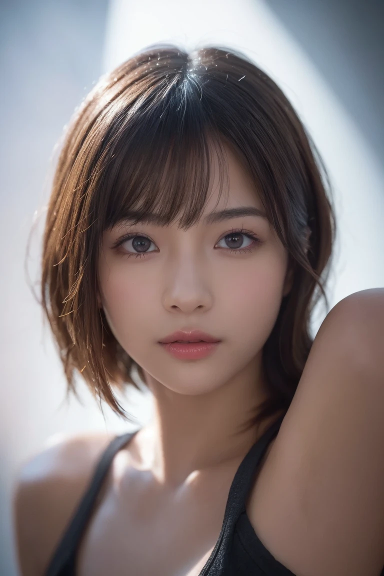 (logo, masterpiece, 8K, Tabletop, RAW Photos, wonderful, 最high quality, Photorealistic and very detailed CG composite 8k wallpaper, high quality, Very detailed, Narrative poem, Particle Effects, Dynamic Effects, Depth of the Boundary, Cinematic Light, Lens flare, Ray Tracing), short hair beautiful young woman, Hair tied back, high detail skin, very fine, fine skin texture, beautiful face, realistic eyes, beautifully detailed eyes, realistic skin, beautiful skin, surreal, smiling eyes, Hair and light eyes, Vibrant, Colorful lights and bokeh. The lighting casts a warm glow on her face and hair, Blue glow, Water surface reflection, Creates a dreamy and magical atmosphere, Big Breasts, Brown Hair, short hair, plump lower lip, pink blush on the cheeks , pink lips, brown tight no-shoulder knit sweater