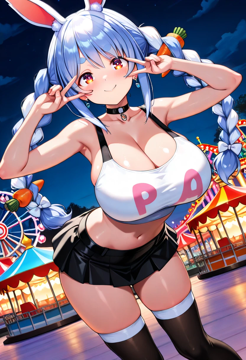 Anime illustration、highest quality、Plump 、Perfect proportions、School festival、overwhelmingly big breasts、very thick thighs、Beautiful, shining eyes、Cowboy Shot、smile、Noise Reduction