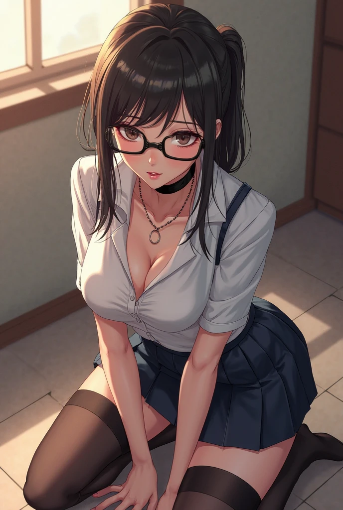 masterpiece, best quality,1boy and 1girl, (school uniform),open cloth,(panties aside),(freckles), medium hair,ponytail, medium breasts, hanging breasts , brown hair, green eyes,glasses,round eyewear, curvy,(seductive smile:1.3),(phone on ear:1.2),(talking on phone:1.5), holding samrtphone, (leaning forward:1.7), squatting, looking at viewer,sweat, (girl on top), penis on pussy, sex,squatting cowgirl position, straddling,female pubic hair, (bouncing breasts), [dark-skin], (bedroom:1.8),(pov:1.8), clitoris, ahegao, cum,ejaculation,(cum in pussy:1.4),cumdrip,overflow,wet, vulgarity,body heat, facing the front,