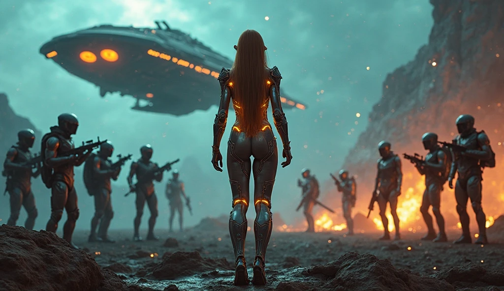 A stunning futuristic landscape dominated by nature and the beauty of astronomy. In the center, a girl is depicted from the waist up, with her back to the viewer, arms open wide, marveling at the awe-inspiring scene. The setting has a photorealistic and futuristic style with a slight influence from the aesthetics of DUNE. The background is equally important, featuring lush greenery, intricate plants, and celestial elements like distant planets and stars. The golden hour lighting casts a warm, radiant glow, creating bright highlights on metallic futuristic structures and high contrast between light and shadows. Some futuristic elements are adorned with striking, vibrant colors. The overall image evokes a sense of wonder and tranquility