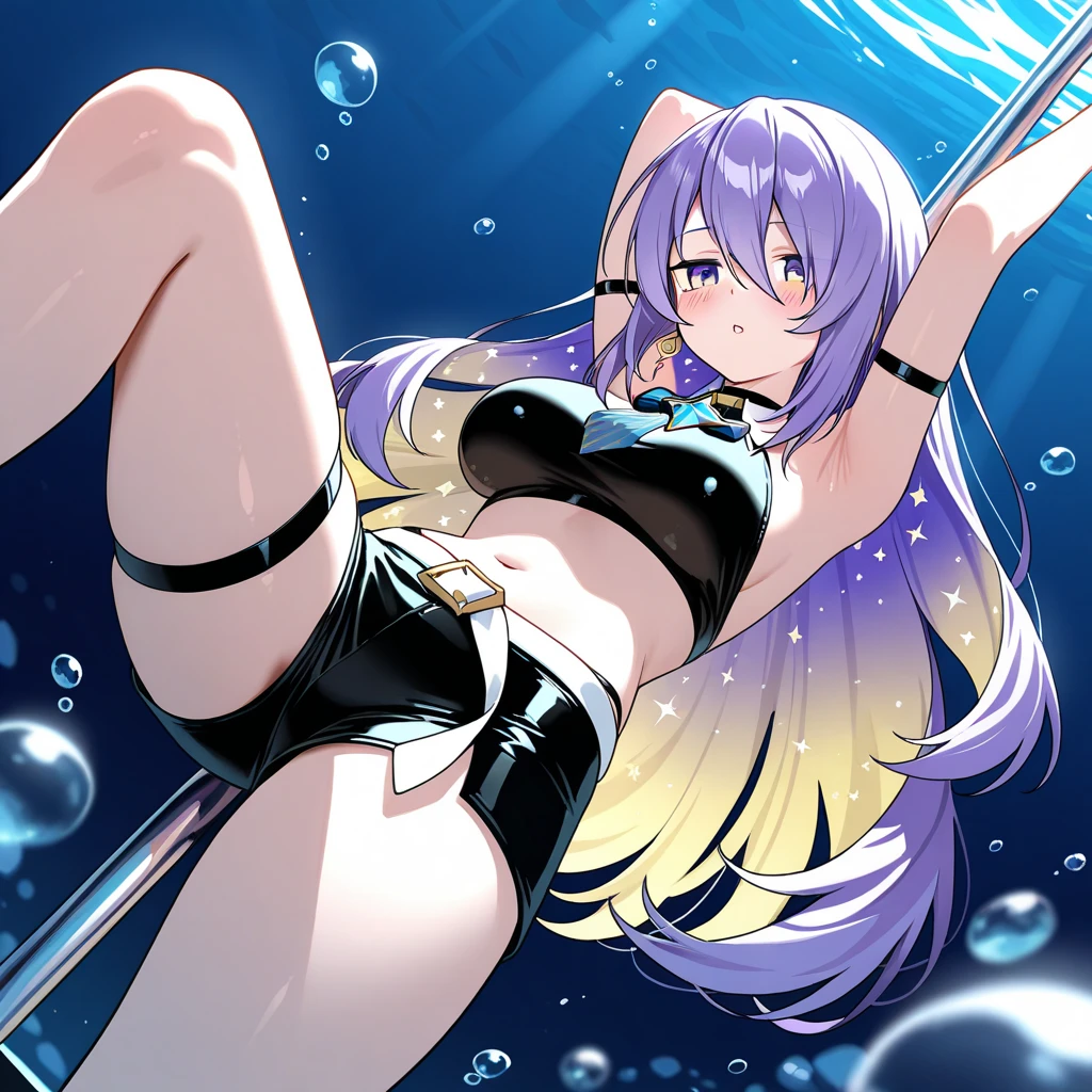 High quality,Furina(genshin impact),white and blue hair,blue eyes (glowing),long hair,no hat,Short ahoge,Showing bra,yandere face,sweat,tongue,look at viewe,chains are close to her panties,Showing her panties,ahegao,chains tied her legs and arms,underwater,chains are on her panties,many chains
